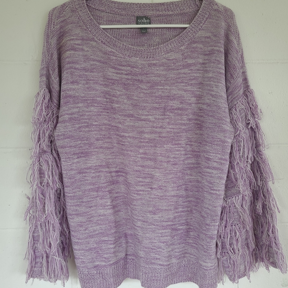 NY & Company Soho Sweater Womens LG Purple Frayed Sleeve Scoop Neck Pullover
